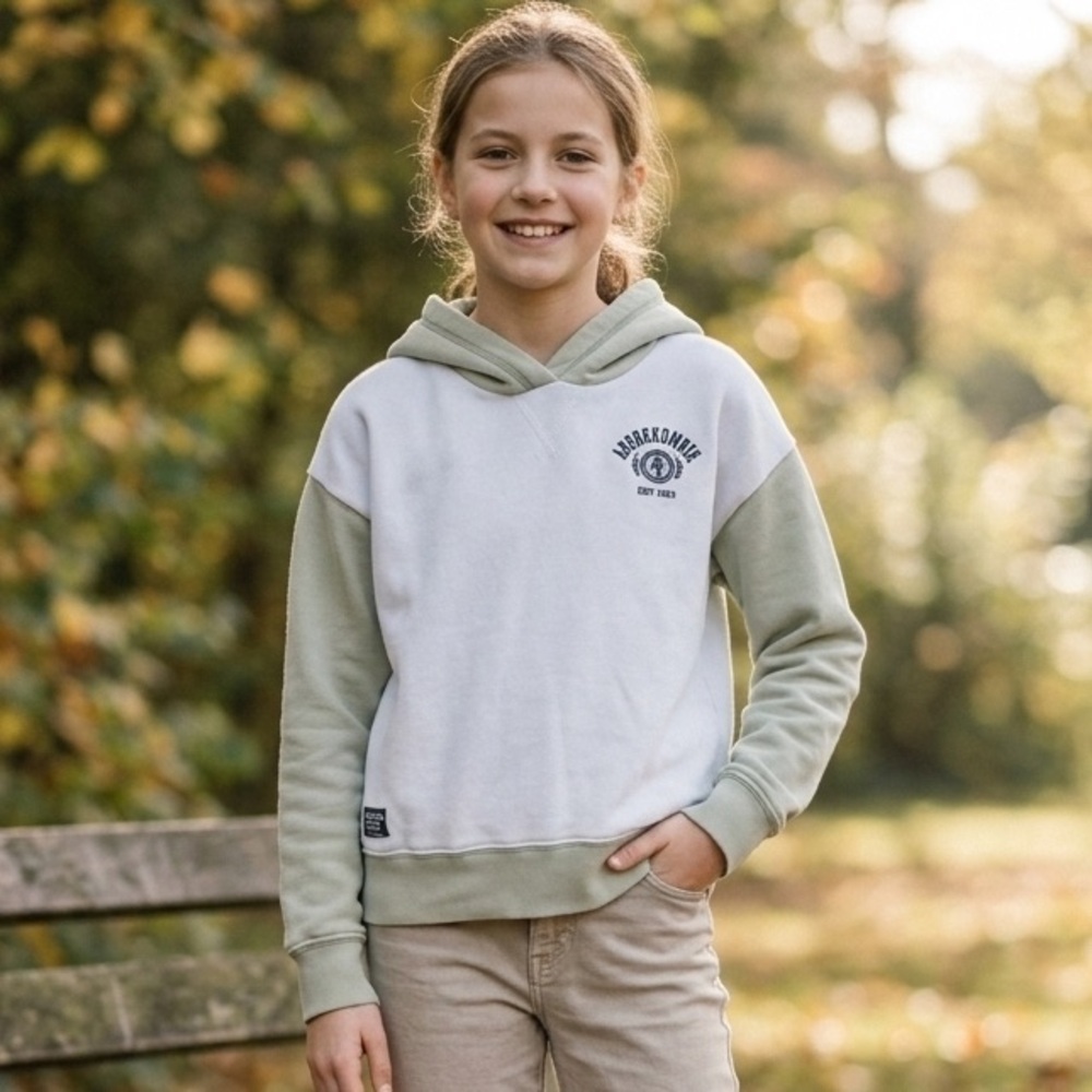Abercrombie Kids Girls Sweatshirt Sage Green Colorblock Logo Hoodie Size 11/12